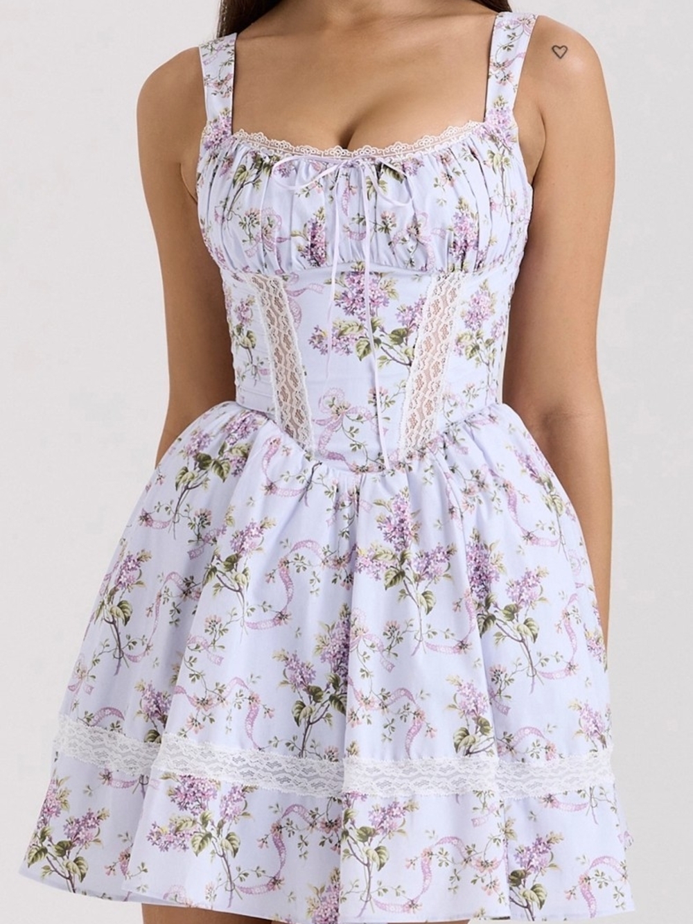 Lace-Trim Floral Mini Dress in Light Lavender